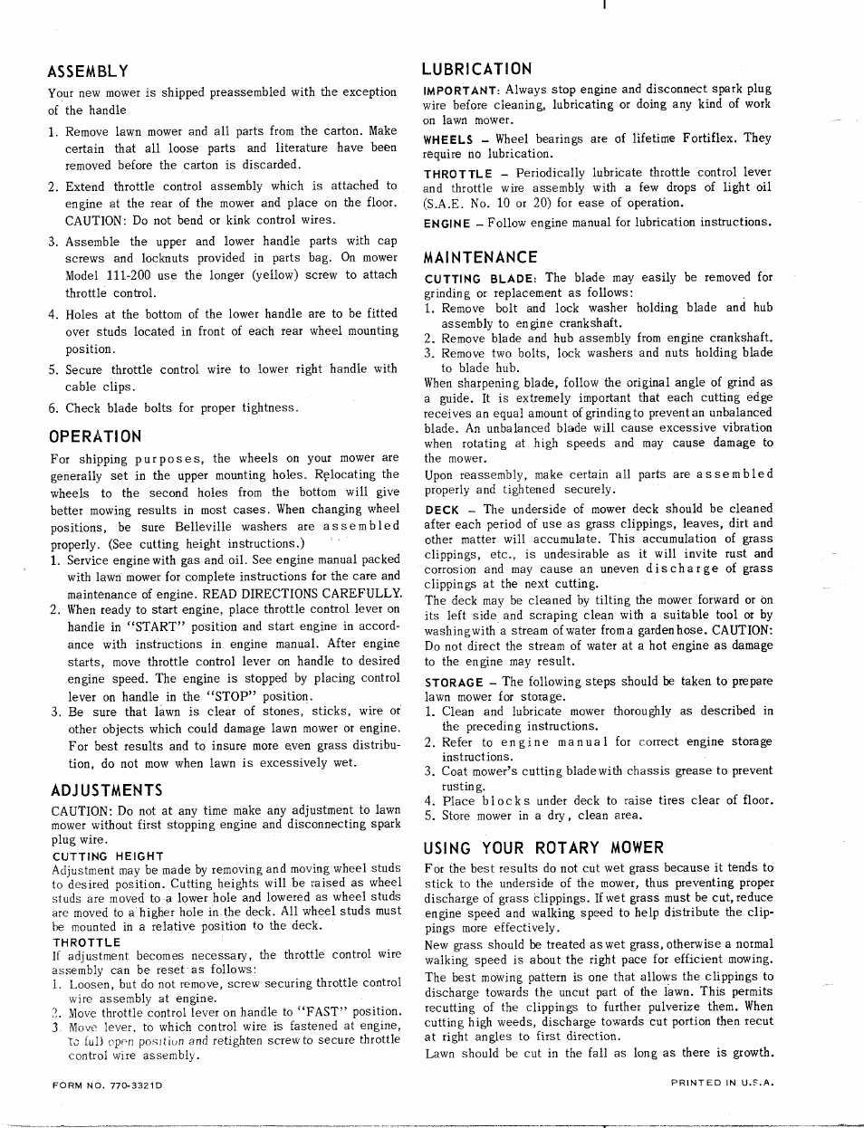 Assembly, Operation, Adjustments | Lubrication, Maintenance, Using your rotary mower | MTD 111-200 User Manual | Page 4 / 4