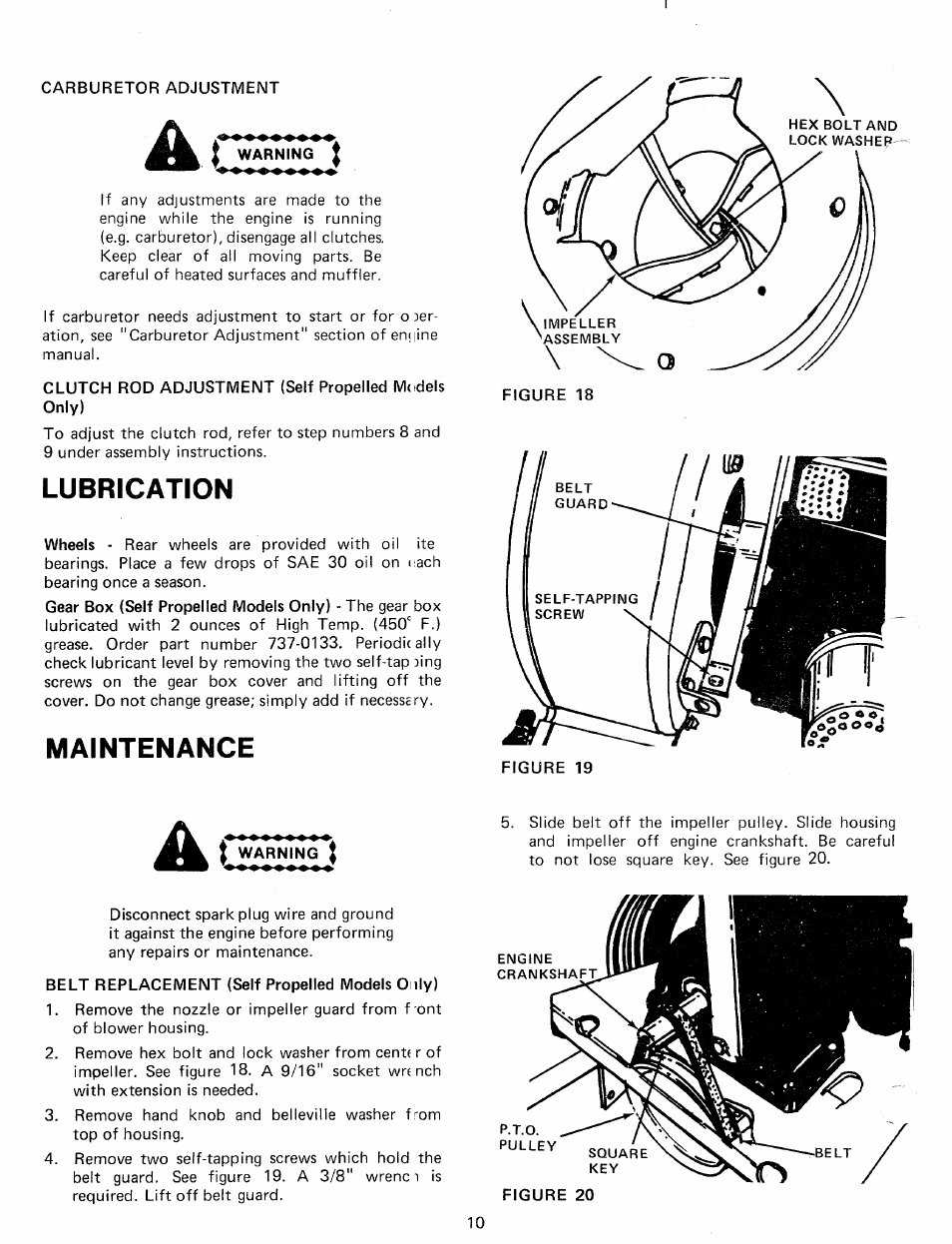 Carburetor adjustment, I warning t, Clutch rod adjustment (self propelled models only) | Lubrication, Maintenance, Belt replacement (self propelled models o ily) | MTD 249-689-000 User Manual | Page 10 / 16