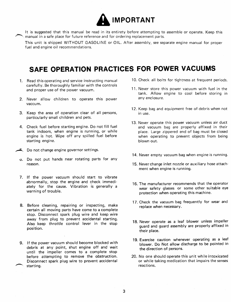 Important, Safe operation practices for power vacuums | MTD 249-689-000 User Manual | Page 3 / 16