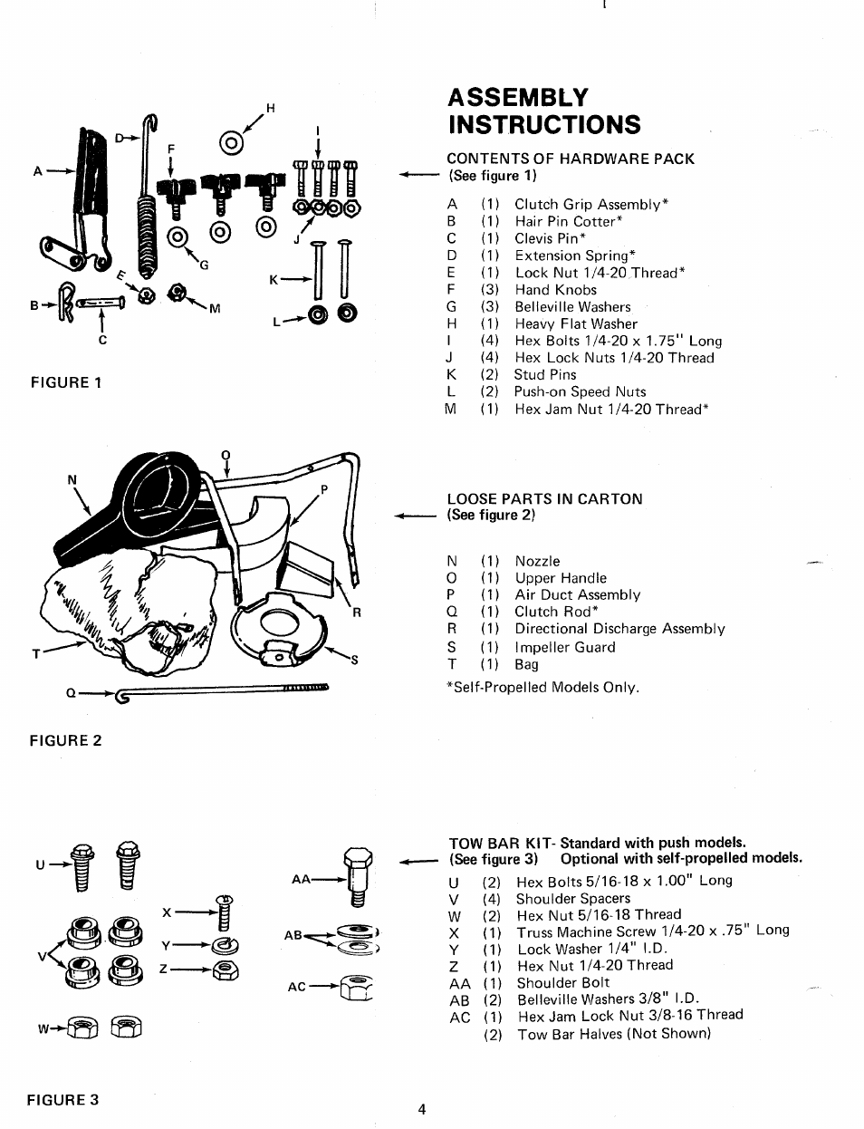 Assembly, Instructions, Contents of hardware pack | Loose parts in carton (see figure 2), Tow bar kit- standard with push models, T 8 i, Assembly instructions | MTD 249-689-000 User Manual | Page 4 / 16