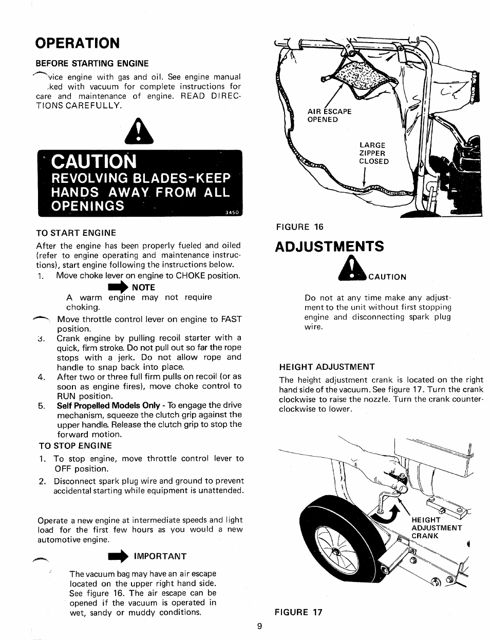 Operation, Adjustments, Caution | Revolving blades-keep hands away from all openings | MTD 249-689-000 User Manual | Page 9 / 16