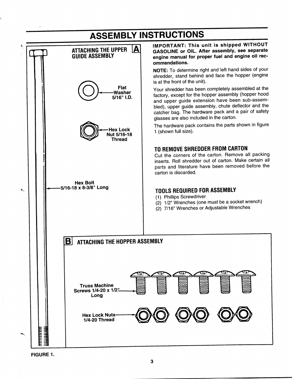 Assembly instructions, Attaching the upper guide assembly, Flat | 5/16" i.d, To remove shredder from carton, Tools required for assembly, B ahaching the hopper assembly, Figure 1 | MTD 242-645-000 User Manual | Page 3 / 12