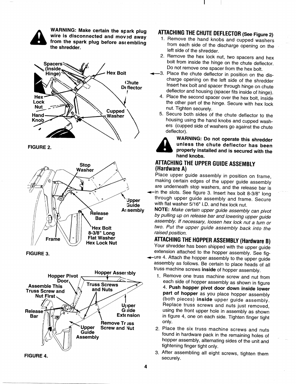 Hopper pivot door, Ahaching the chute deflector (see figure 2), Attaching the upper guide assembly (hardware a) | Ahaching the hdpper assembly (hardware b), Figure 4 | MTD 242-645-000 User Manual | Page 4 / 12