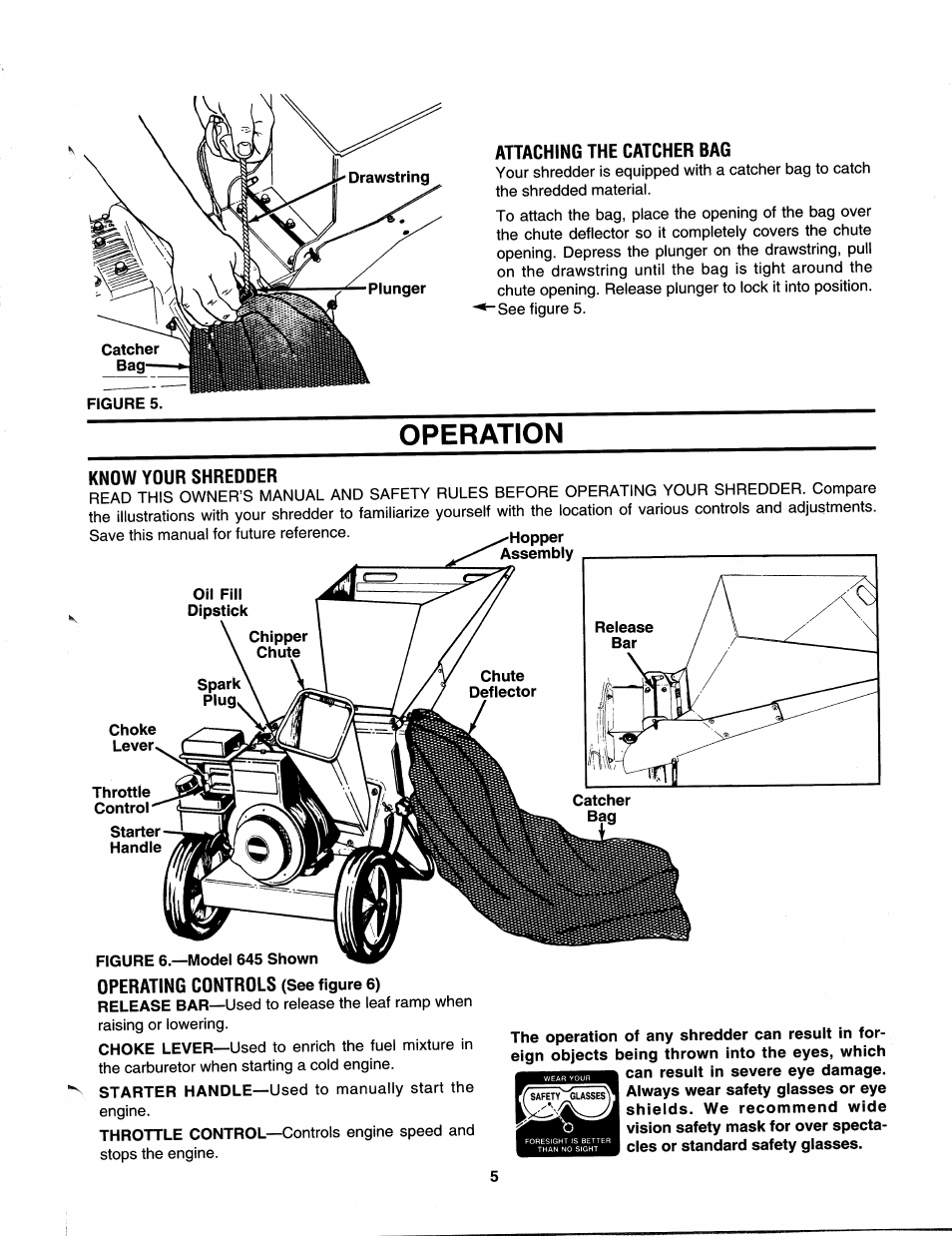 Attaching the catcher bag, Operation, Operating controls (see figure 6) | MTD 242-645-000 User Manual | Page 5 / 12