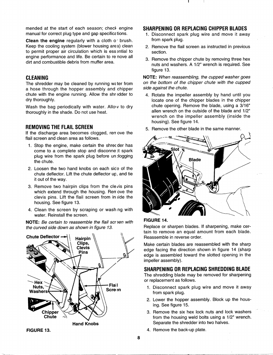 Cleaning, Removing the flail screen, Sharpening or replacing chipper blades | Sharpening or replacing shredding blade | MTD 242-645-000 User Manual | Page 8 / 12