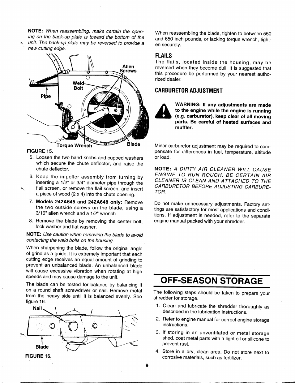 Flails, Carburetor adjustment, Off-season storage | MTD 242-645-000 User Manual | Page 9 / 12