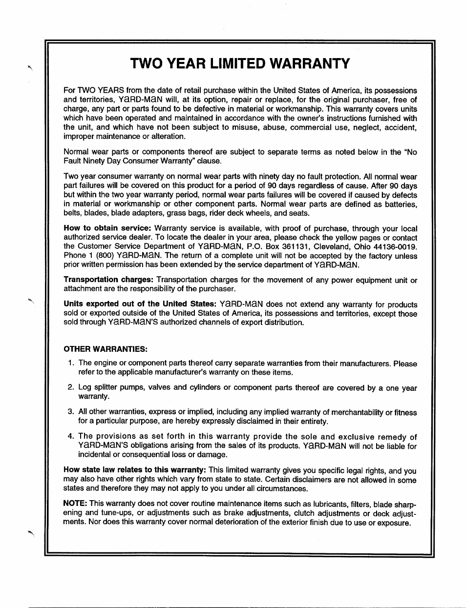 Two year limited warranty | MTD 244-648D401 User Manual | Page 11 / 12