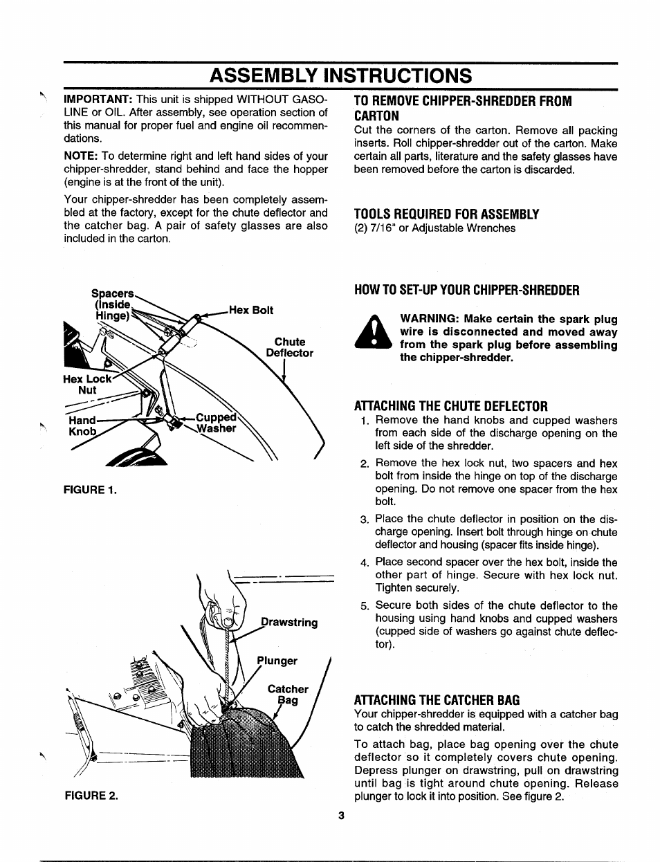 Assembly instructions, To remove chipper-shredder from carton, Tools required for assembly | How to set-up your chipper-shredder, Ahaching the chute deflector, Ahaching the catcher bag | MTD 244-648D401 User Manual | Page 3 / 12
