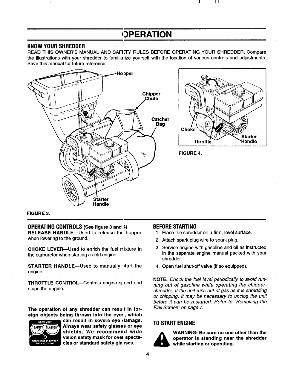 Operation, Know your shreoder, Before starting | To start engine | MTD 244-648D401 User Manual | Page 4 / 12