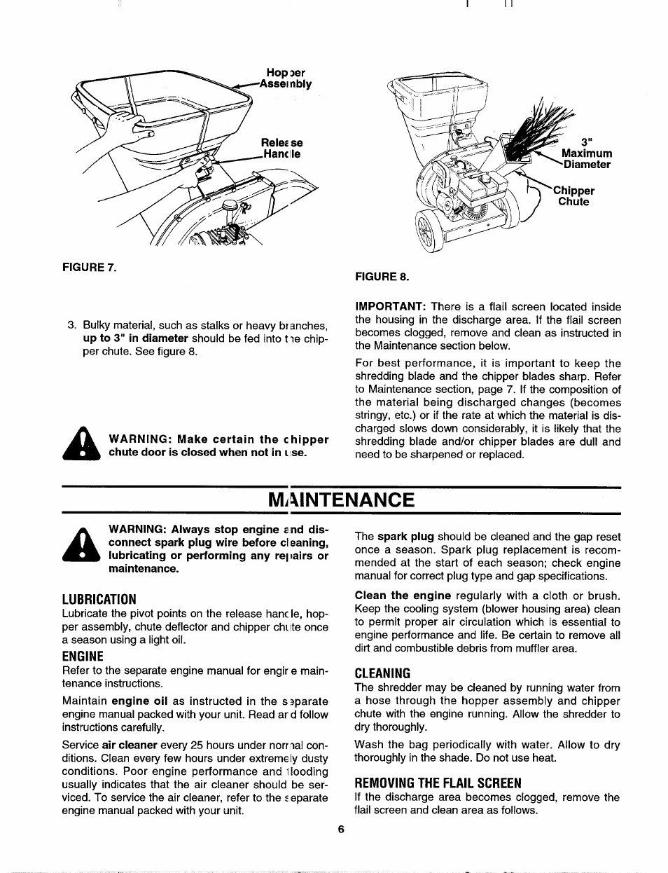 Mi\intenance, Lubrication, Engine | Cleaning, Removing the flail screen | MTD 244-648D401 User Manual | Page 6 / 12