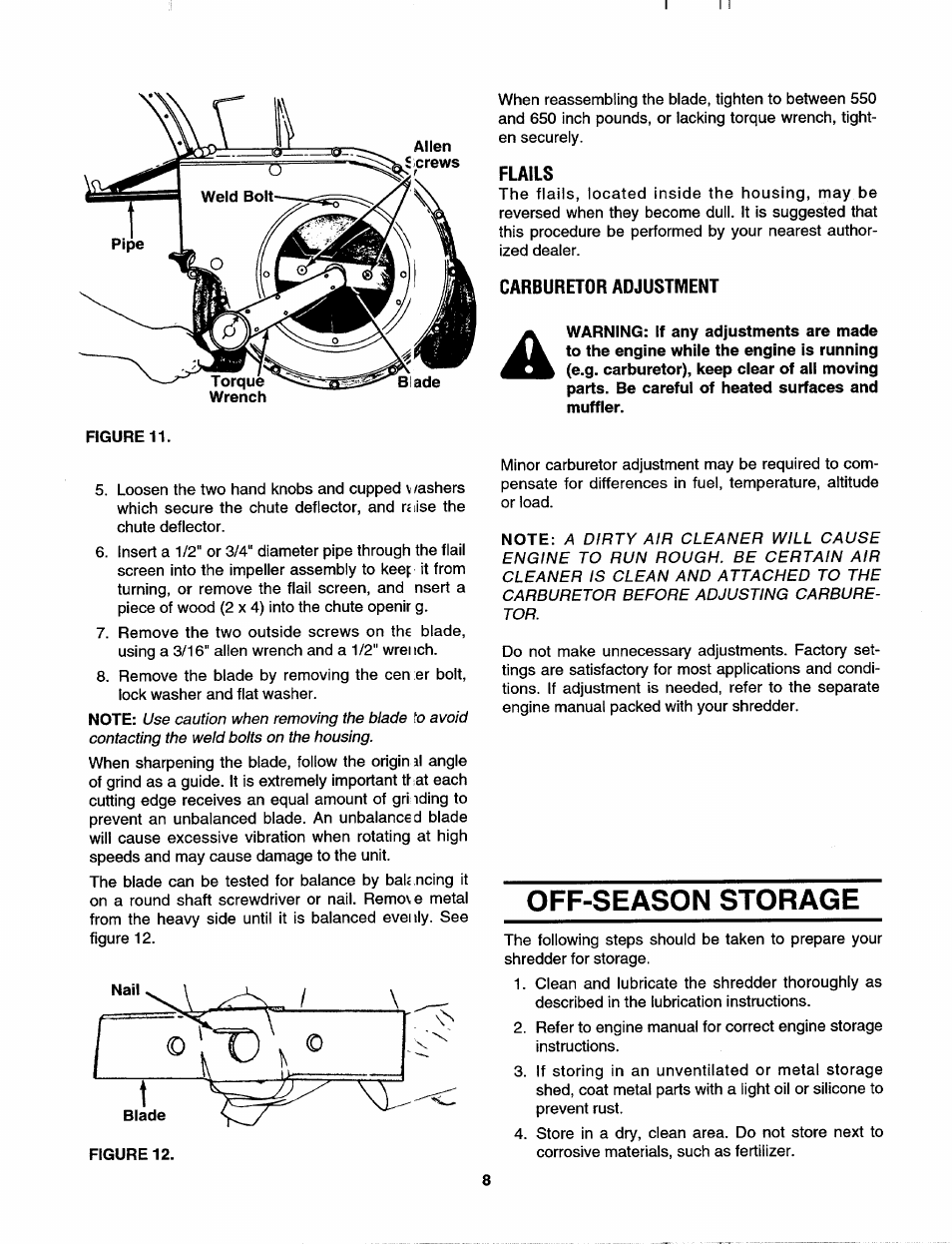 Flails, Carburetor adjustment, Off-season storage | MTD 244-648D401 User Manual | Page 8 / 12