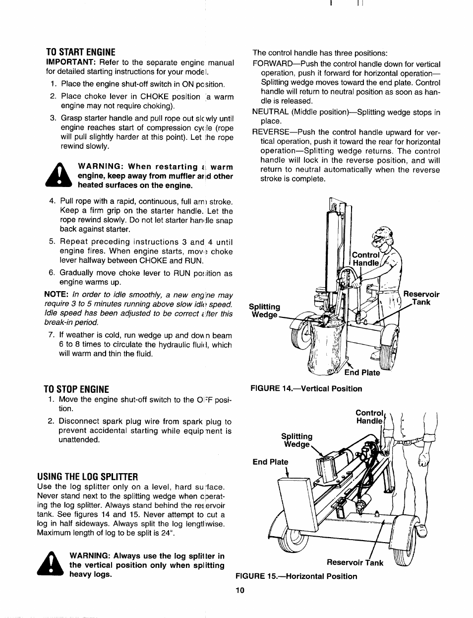To start engine, To stop engine, Using the log splitter | MTD 243-638-000 User Manual | Page 10 / 20