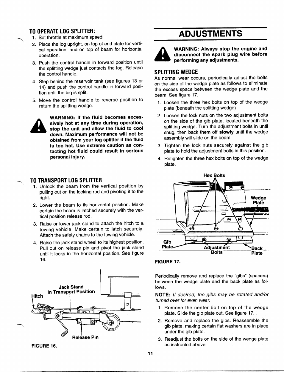 To operate log spliher, Adjustments, Splitting wedge | To transport log splitter | MTD 243-638-000 User Manual | Page 11 / 20