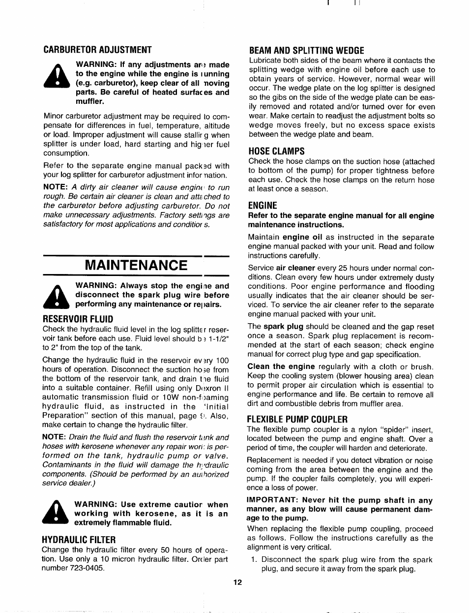 Carburetor adjustment, Maintenance, Reservoir fluid | Hydraulic filter, Beam and splitting wedge, Hdse clamps, Engine, Flexible pump cdupler | MTD 243-638-000 User Manual | Page 12 / 20