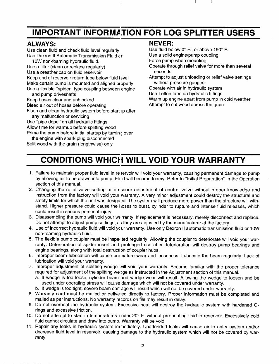 Important information for log splitter users, Conditions which will void your warranty, Always | Never | MTD 243-638-000 User Manual | Page 2 / 20