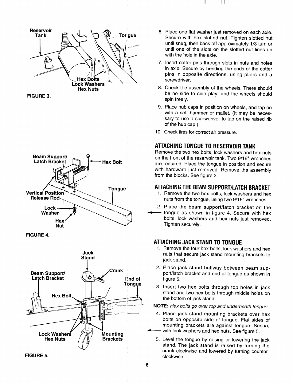 Attaching tongue to reservoir tank, Ahaching the beam support/latch bracket, Attaching jack stand to tongue | MTD 243-638-000 User Manual | Page 6 / 20