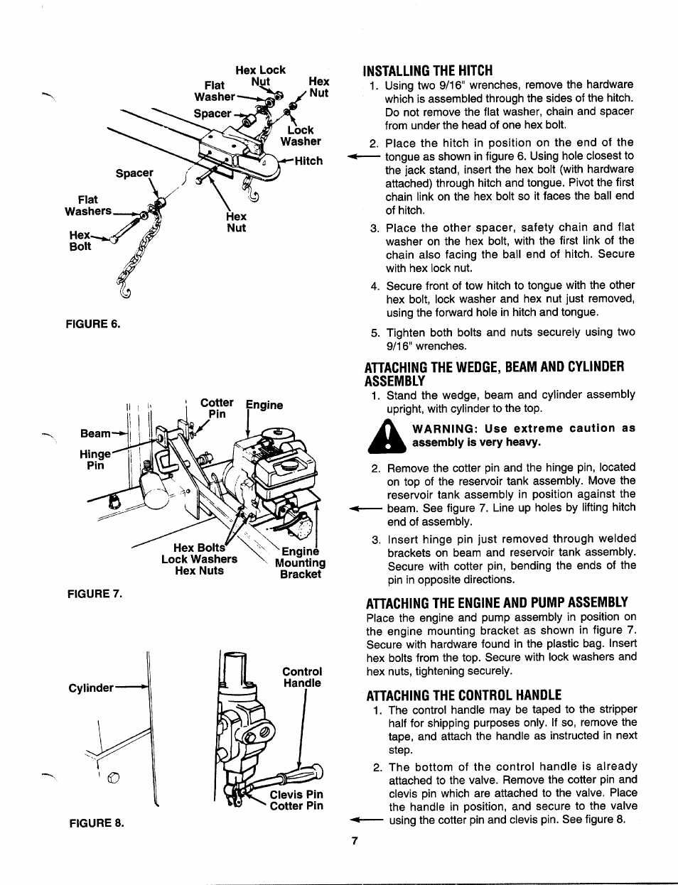 Installing the hitch, Attaching the wedge, beam and cylinder assembly, Ahaching the engine and pump assembly | Attaching the control handle | MTD 243-638-000 User Manual | Page 7 / 20