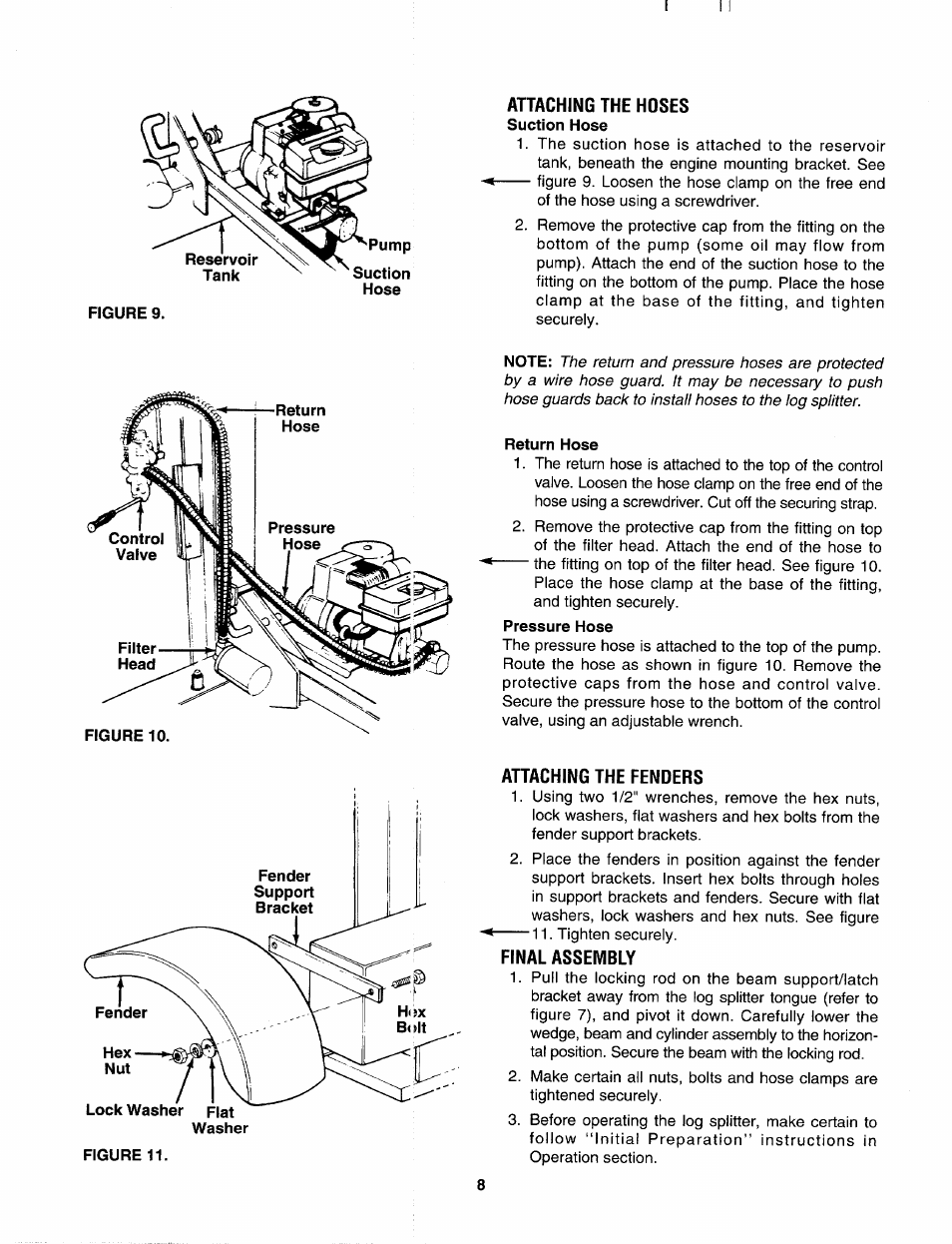 Attaching the hoses, Attaching the fenders, Final assembly | MTD 243-638-000 User Manual | Page 8 / 20