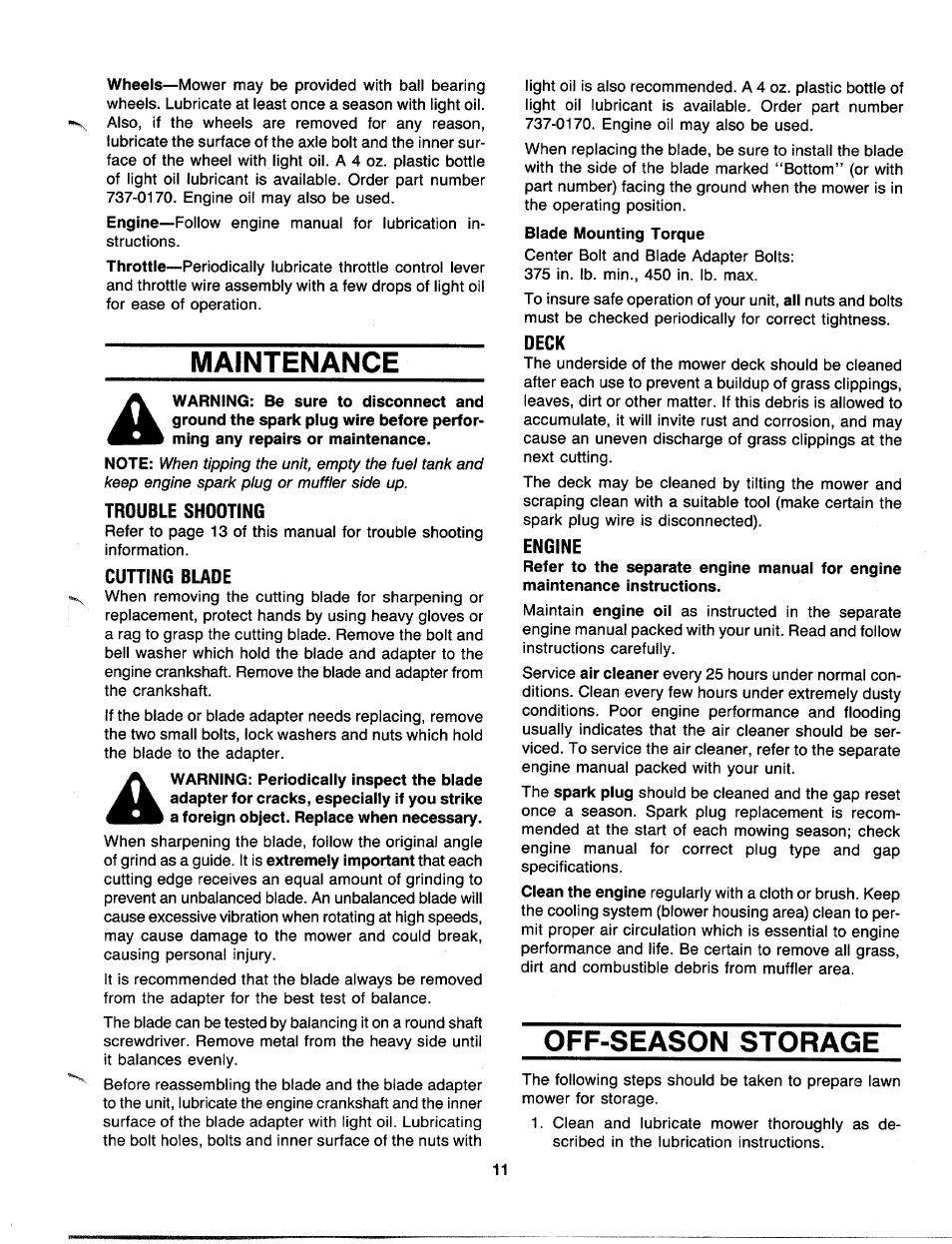 Trouble shooting, Cutting blade, Deck | Engine, Maintenance, Off-season storage | MTD 111-508R000 User Manual | Page 11 / 16