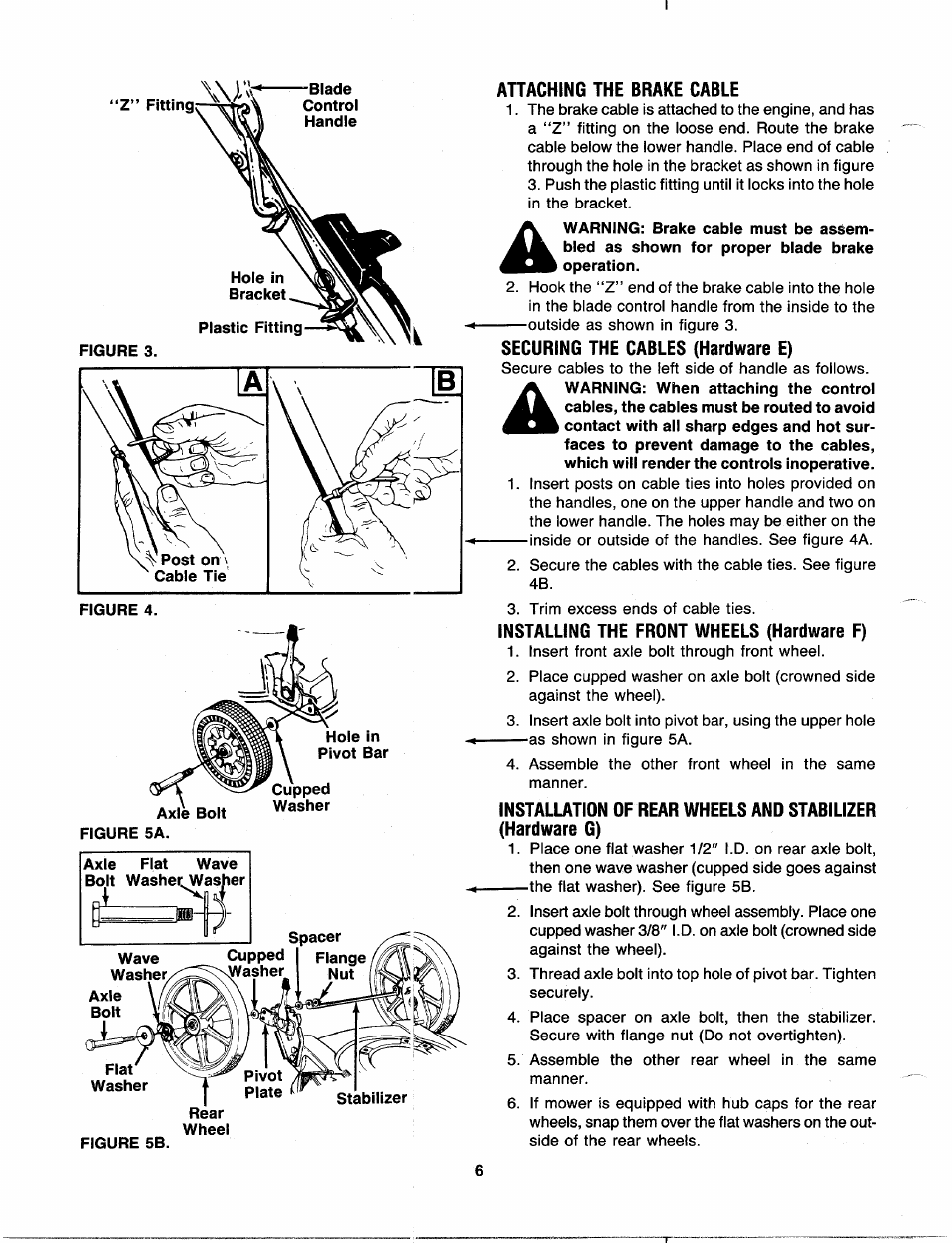 Attaching the brake cable, Securing the cables (hardware e), Installing the front wheels (hardware f) | MTD 111-508R000 User Manual | Page 6 / 16