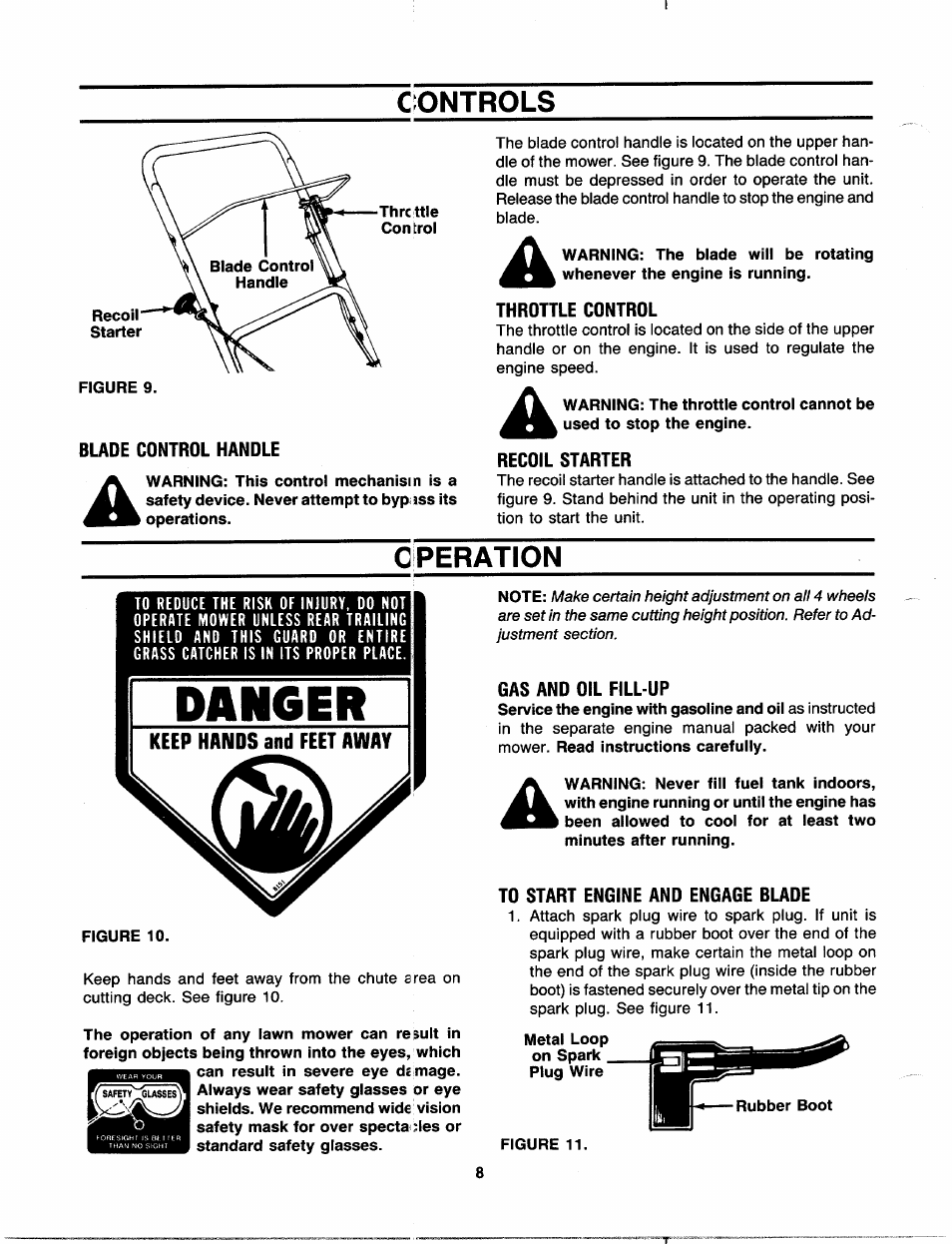 Throttle control, Blade control handle, Recoil starter | Gas and oil fill-up, To start engine and engage blade, Controls, Operation | MTD 111-508R000 User Manual | Page 8 / 16