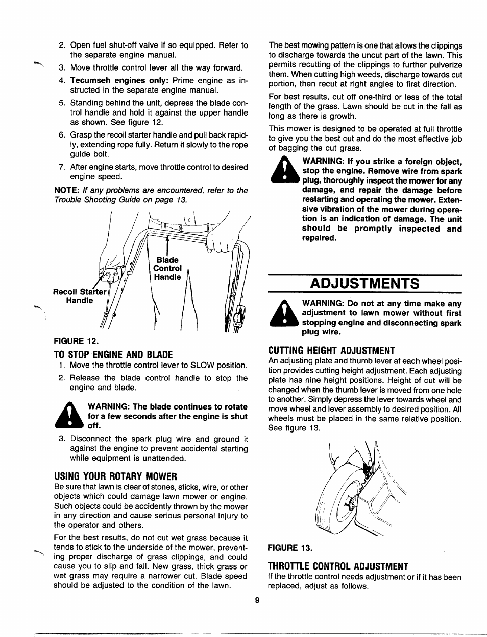 To stop engine and blade, Using your rotary mower, Cutting height adjustment | Throttle control adjustment, Adjustments | MTD 111-508R000 User Manual | Page 9 / 16