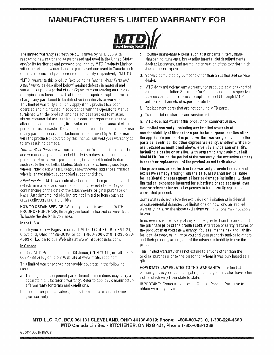 Ivlanufacturer^s liiviited warranty for the, Forth, Purchased | Used, Mtd”), Gift | MTD 550 User Manual | Page 20 / 36