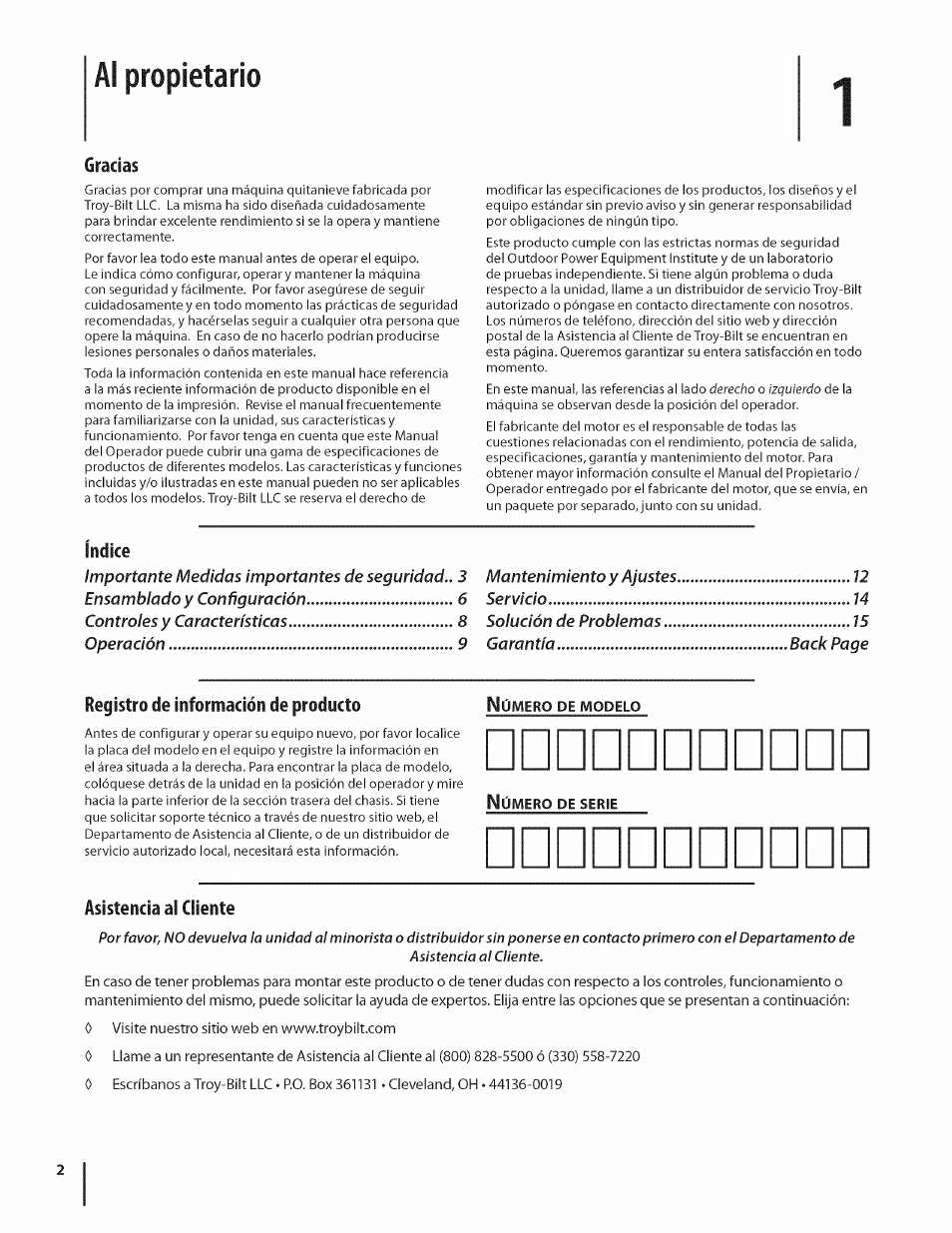 Al propietario, Índice, Registro de información de producto | Asistencia al cliente, Gracias | MTD 550 User Manual | Page 22 / 36