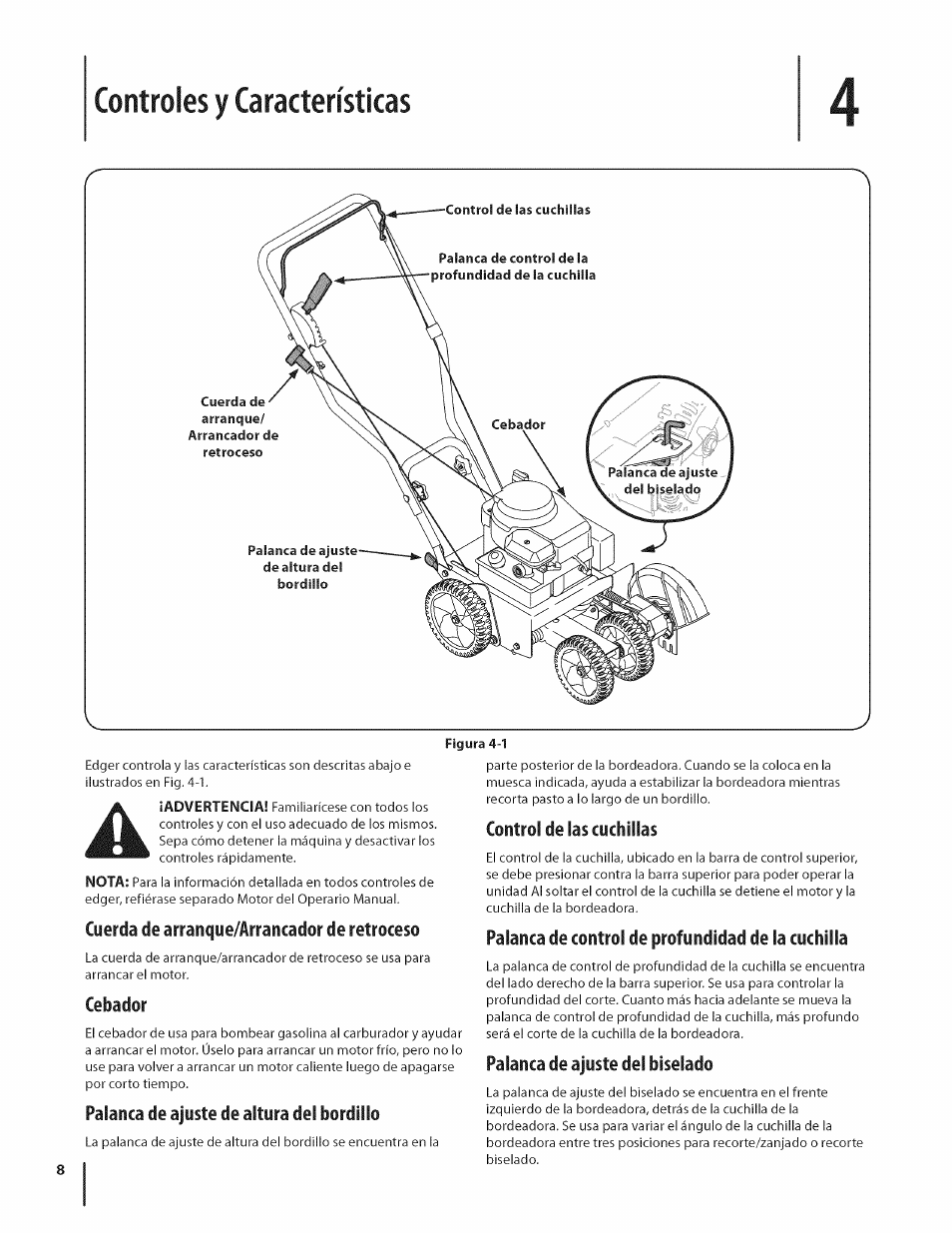 Controles y características, Cuerda de arranque/arrancador de retroceso, Cebador | Palanca de ajuste de altura del bordillo, Control de las cuchillas, Palanca de control de profundidad de la cuchilla, Palanca de ajuste del biselado | MTD 550 User Manual | Page 28 / 36