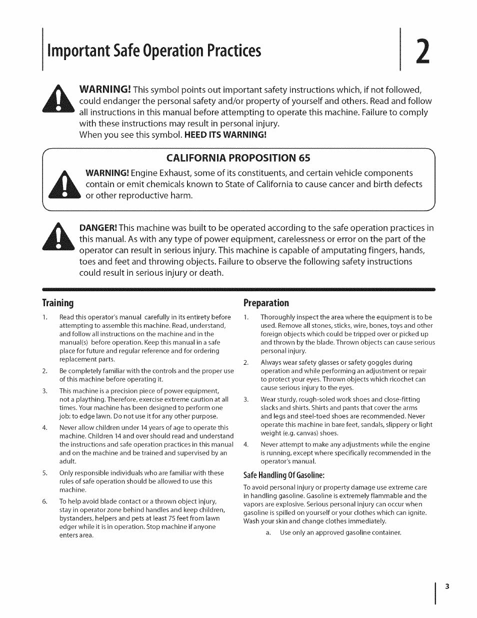 Important safe operation practices, California proposition 65, Training | Preparation | MTD 550 User Manual | Page 3 / 36