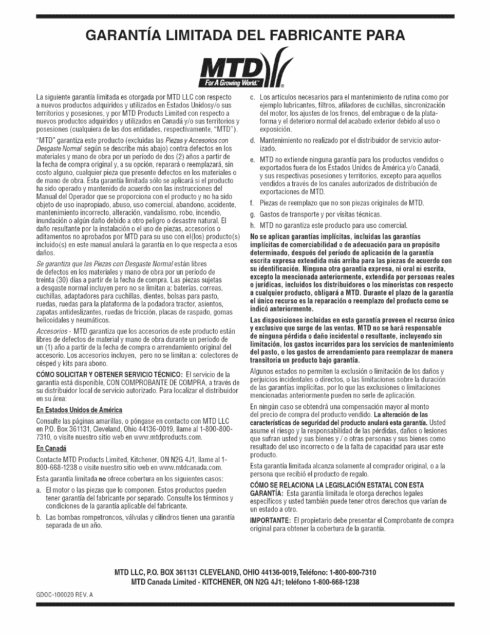 Garantia liiviitada del fabricante para, Mtd”) | MTD 550 User Manual | Page 36 / 36