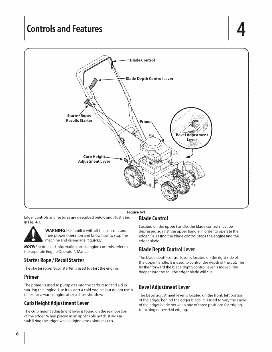 Controls and features, Starter rope / recoil starter, Primer | Curb height adjustment lever, Blade depth control lever, Bevel adjustment lever | MTD 550 User Manual | Page 8 / 36