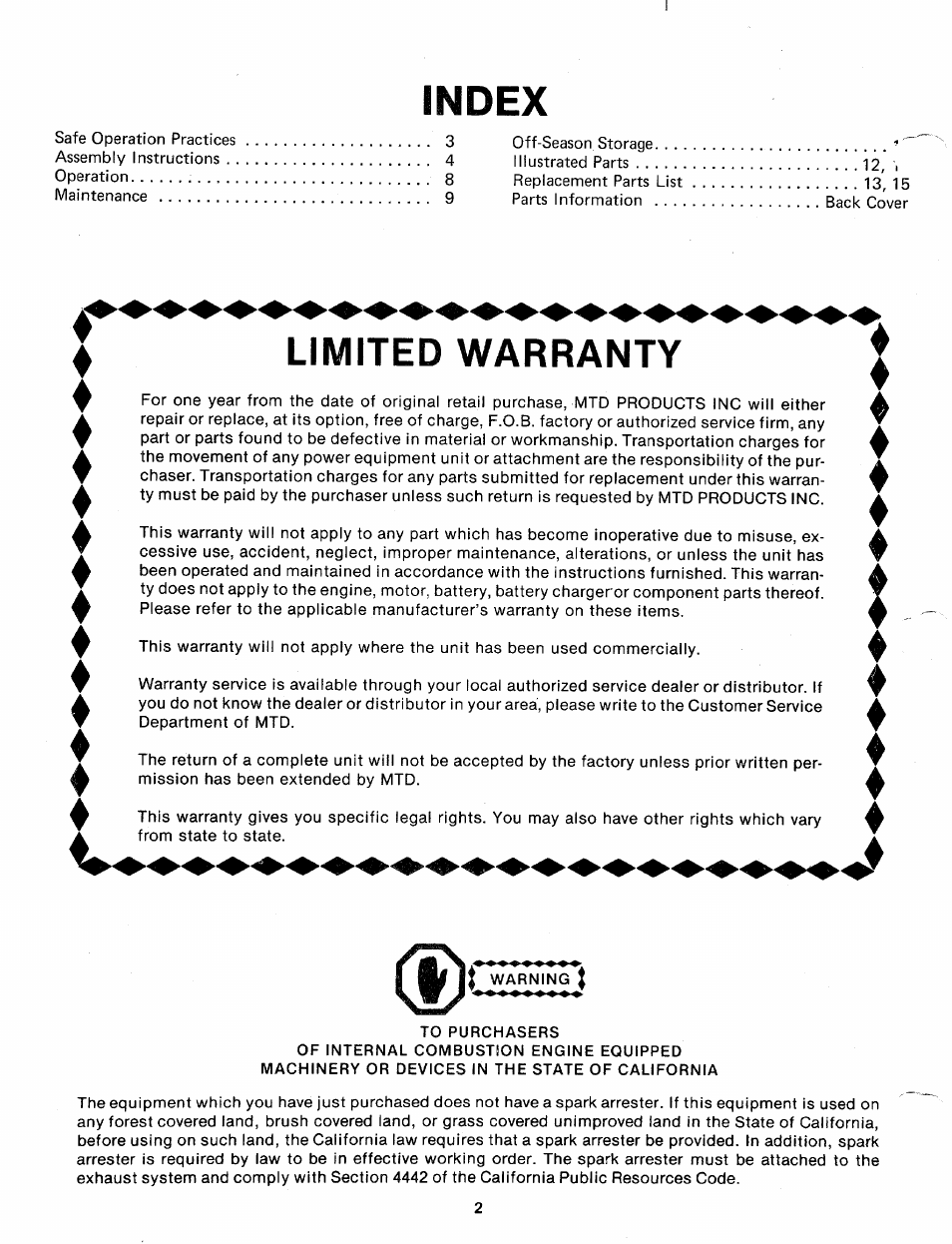 Index, Limited warranty, I warning | MTD 24677A User Manual | Page 2 / 16