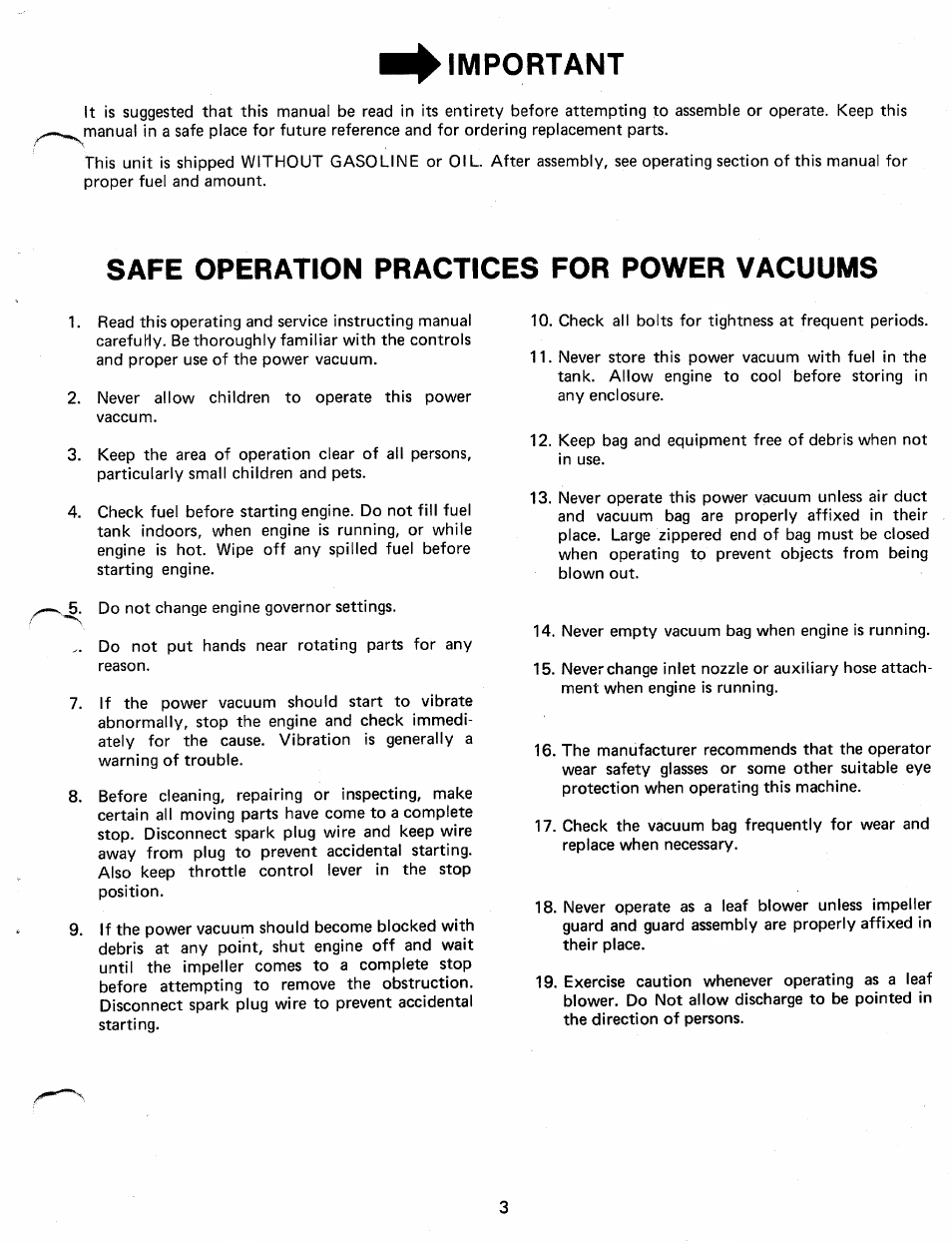Important, Safe operation practices for power vacuums | MTD 24677A User Manual | Page 3 / 16