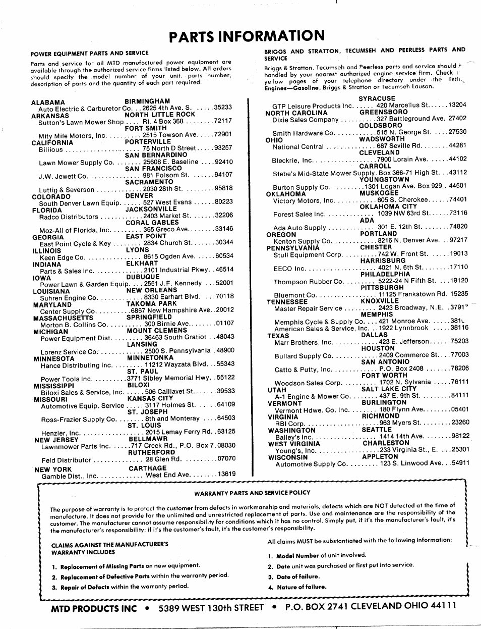 Parts information | MTD 249-670A User Manual | Page 14 / 14