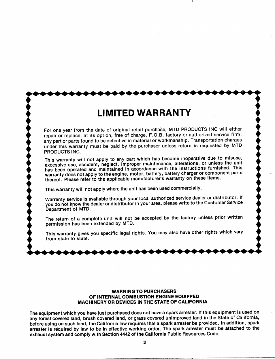 Limited warranty | MTD 249-670A User Manual | Page 2 / 14