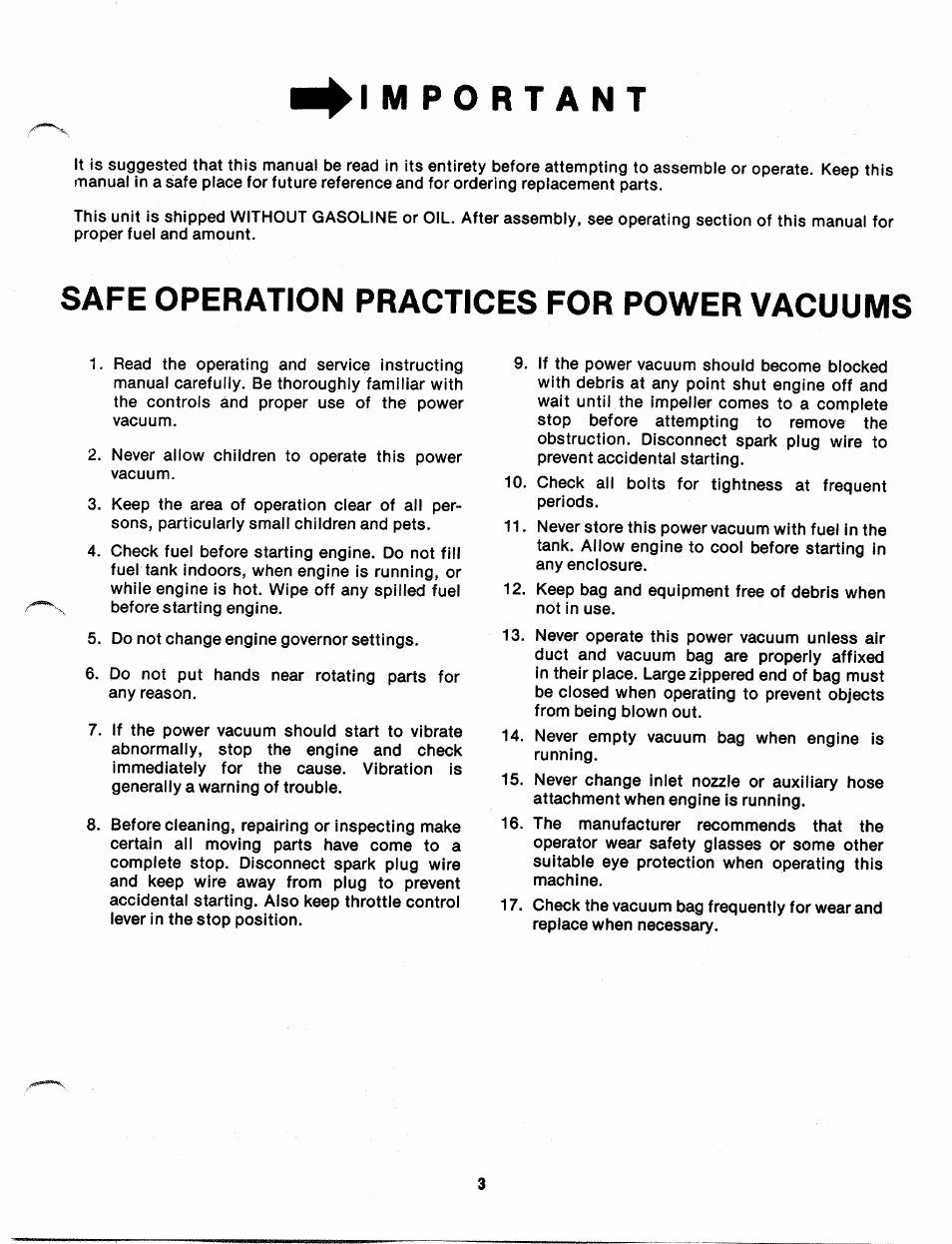 Important, Safe operation practices for power vacuums | MTD 249-670A User Manual | Page 3 / 14