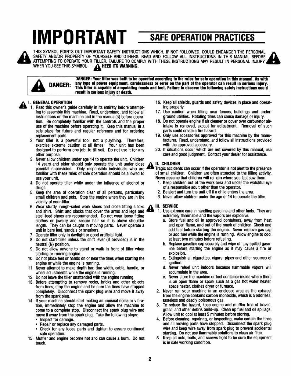 Safe operation practices, Important | MTD 21A-410-022 User Manual | Page 2 / 12