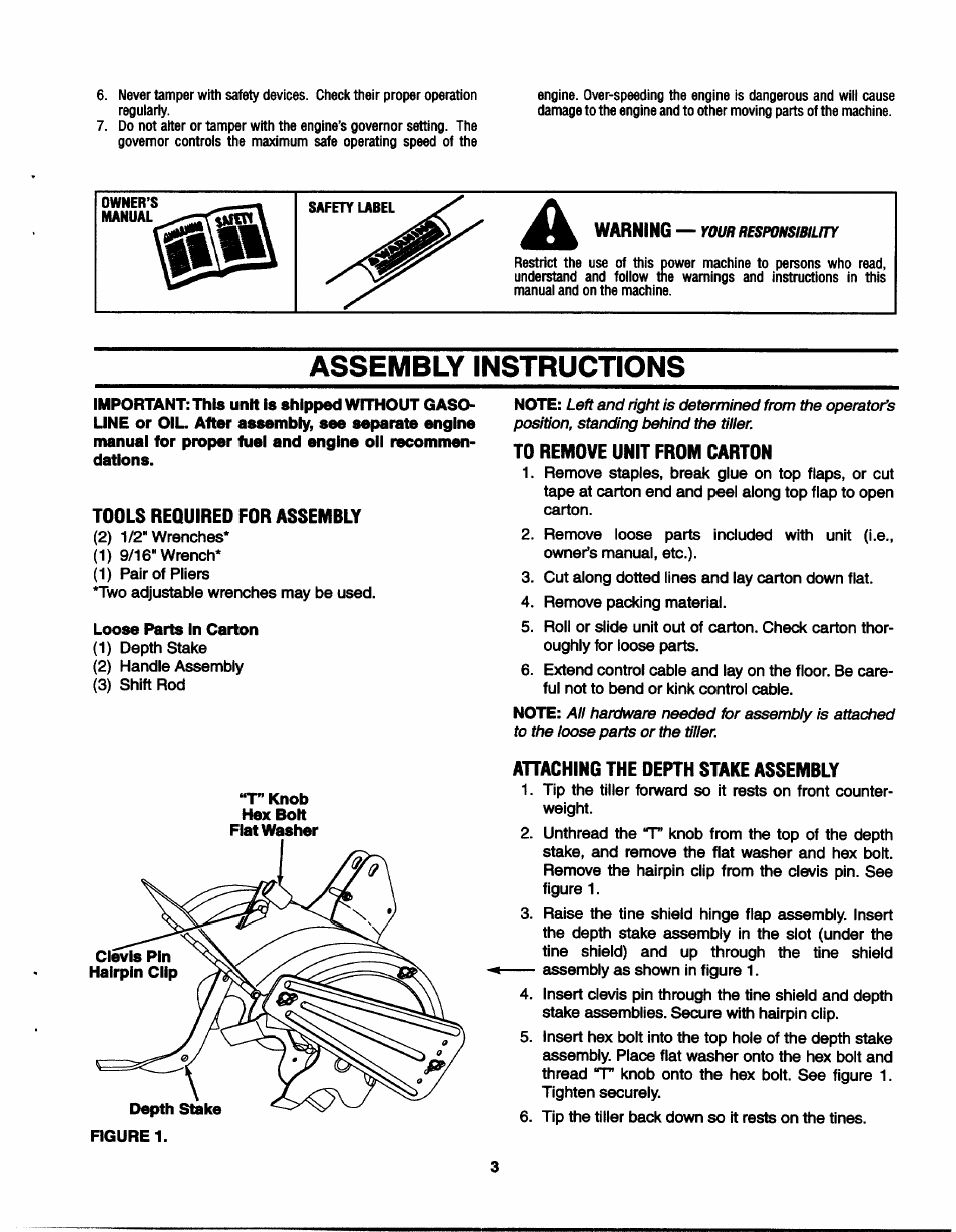 Assembly instructions, Tools required for assembly, To remove unit from carton | Ahaching the depth stake assembly | MTD 21A-410-022 User Manual | Page 3 / 12