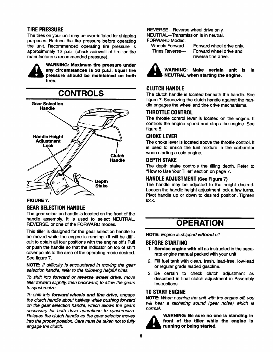 Tire pressure, Controls, Gear selection handle | Clutch handle, Thrdhle cdntrdl, Chdke lever, Depth stake, Handle adjustment (see figure 7), Operation, Befdre starting | MTD 21A-410-022 User Manual | Page 6 / 12