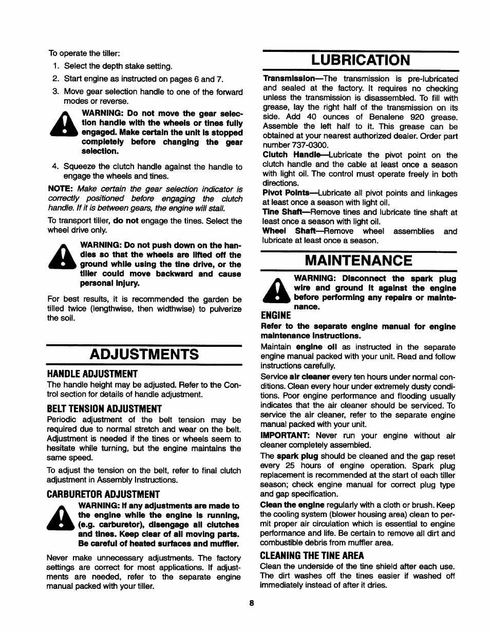 Lubrication, Adjustments, Handle adjustment | Belt tensidn adjustment, Carburetor adjustment, Maintenance, Engine, Cleaning the tine area | MTD 21A-410-022 User Manual | Page 8 / 12