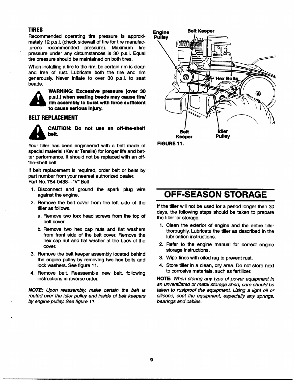 Tires, Belt replacement, Off-season storage | MTD 21A-410-022 User Manual | Page 9 / 12