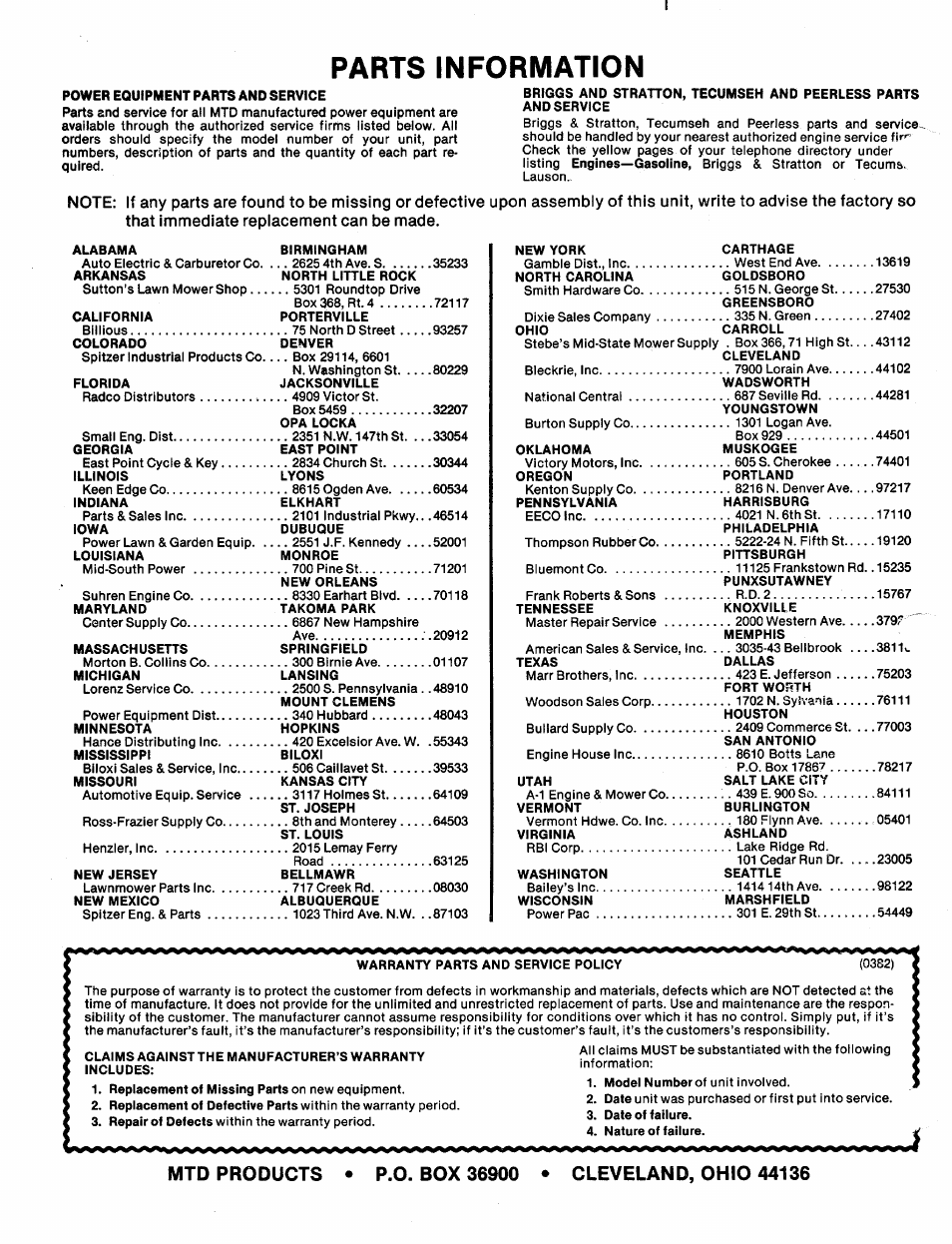 Parts information | MTD 243-650A User Manual | Page 12 / 12