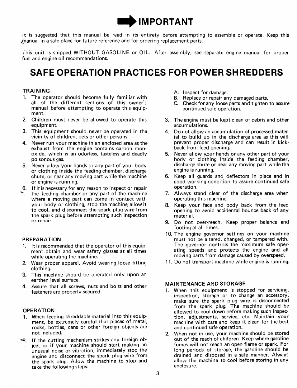 Important, Safe operation practices for power shredders | MTD 243-650A User Manual | Page 3 / 12