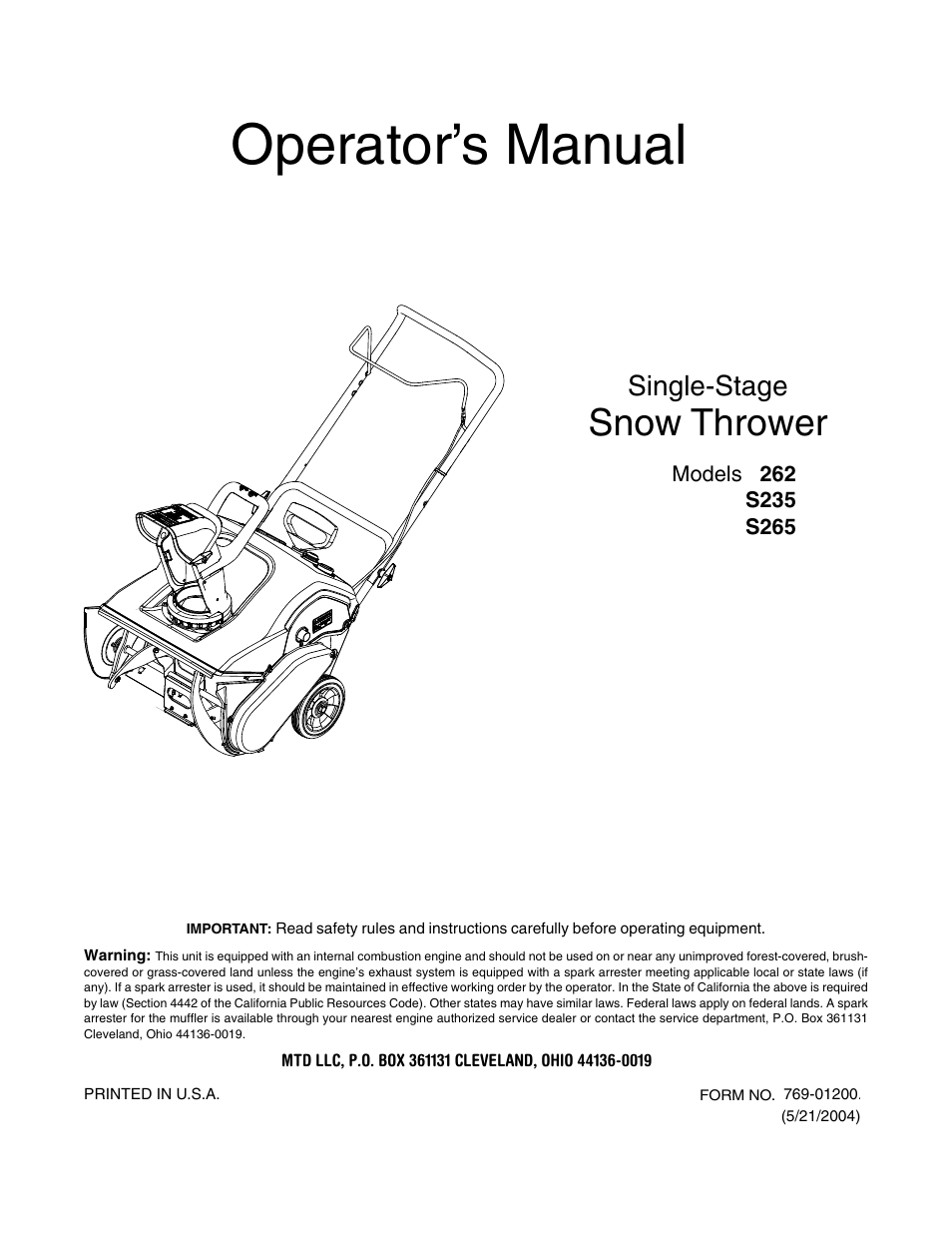 MTD S265 User Manual | 16 pages