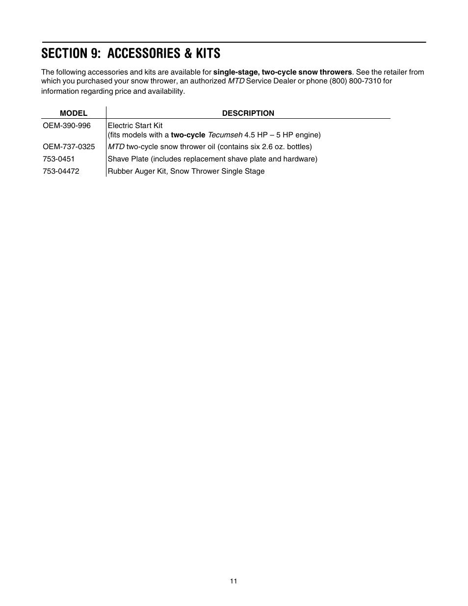 Section 9: accessories & kits | MTD S265 User Manual | Page 11 / 16