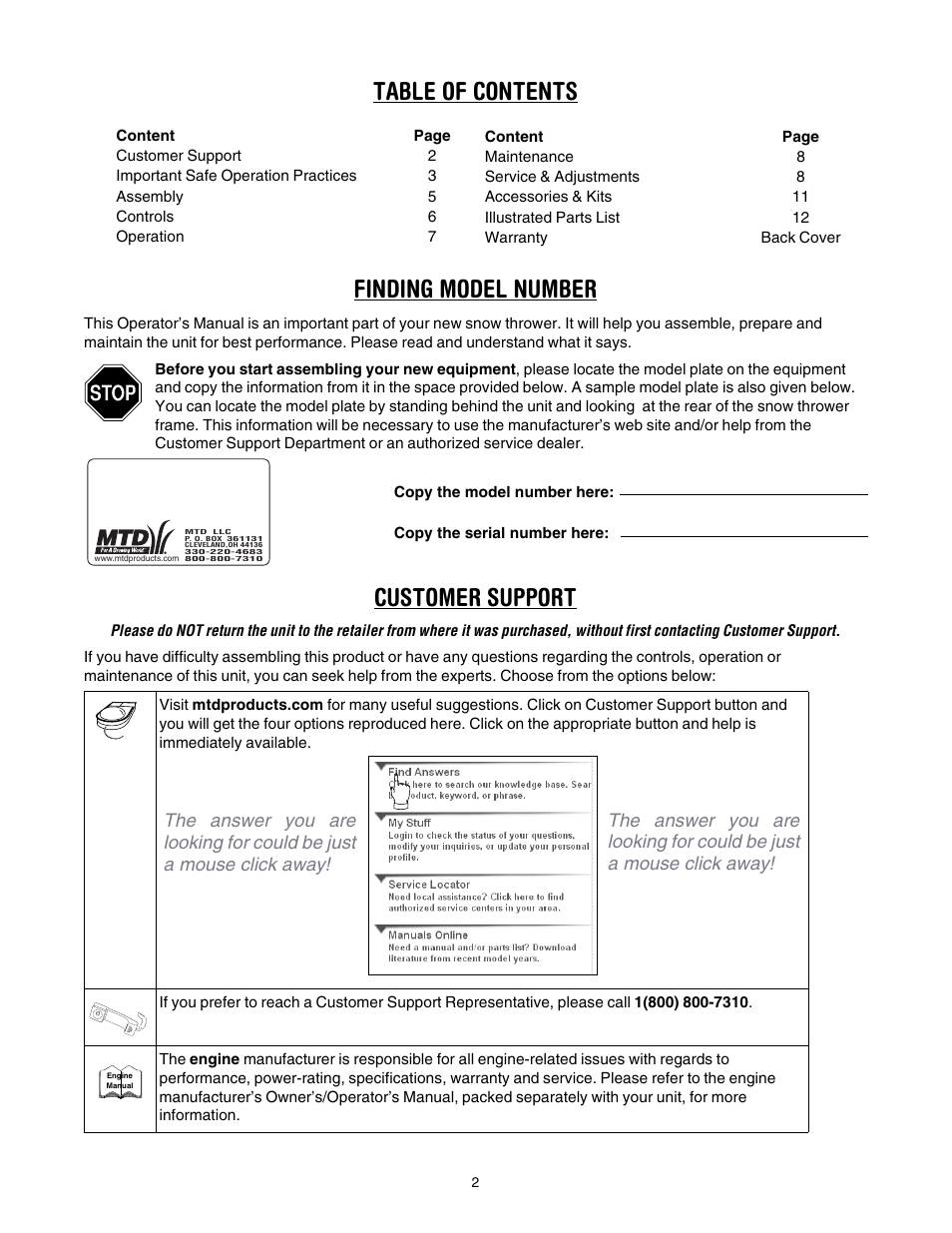 Table of contents finding model number, Customer support | MTD S265 User Manual | Page 2 / 16