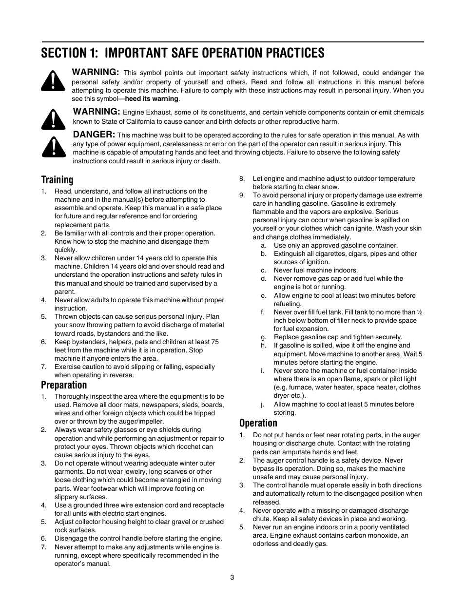 Section 1: important safe operation practices, Training, Preparation | Operation | MTD S265 User Manual | Page 3 / 16