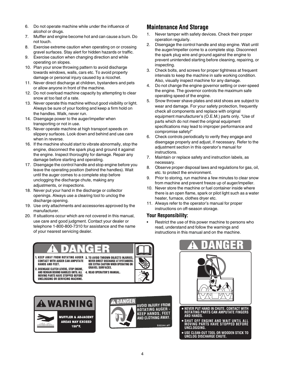 Maintenance and storage, Your responsibility, Danger | MTD S265 User Manual | Page 4 / 16