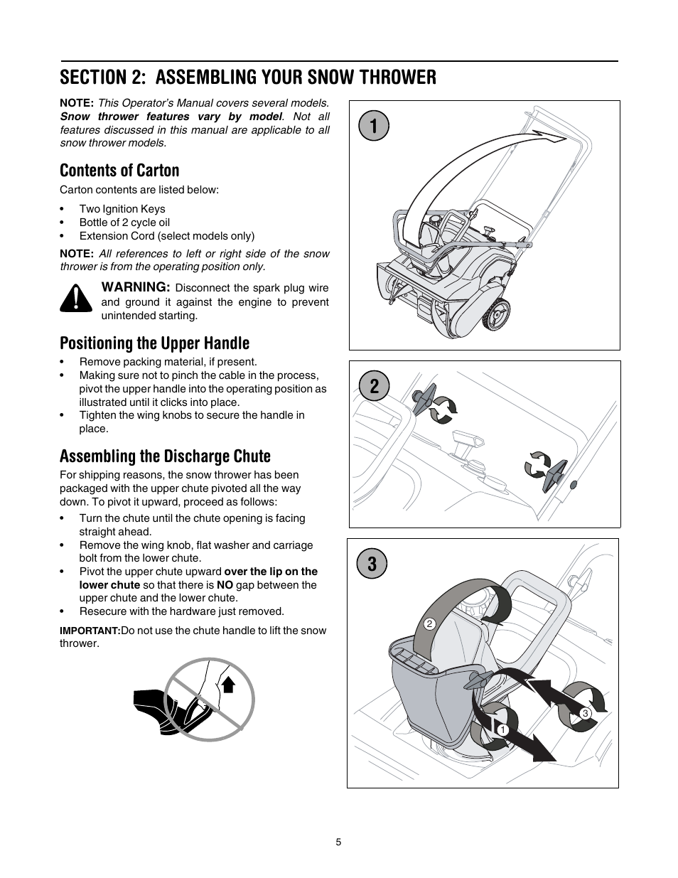 Section 2: assembling your snow thrower, Contents of carton, Positioning the upper handle | Assembling the discharge chute | MTD S265 User Manual | Page 5 / 16